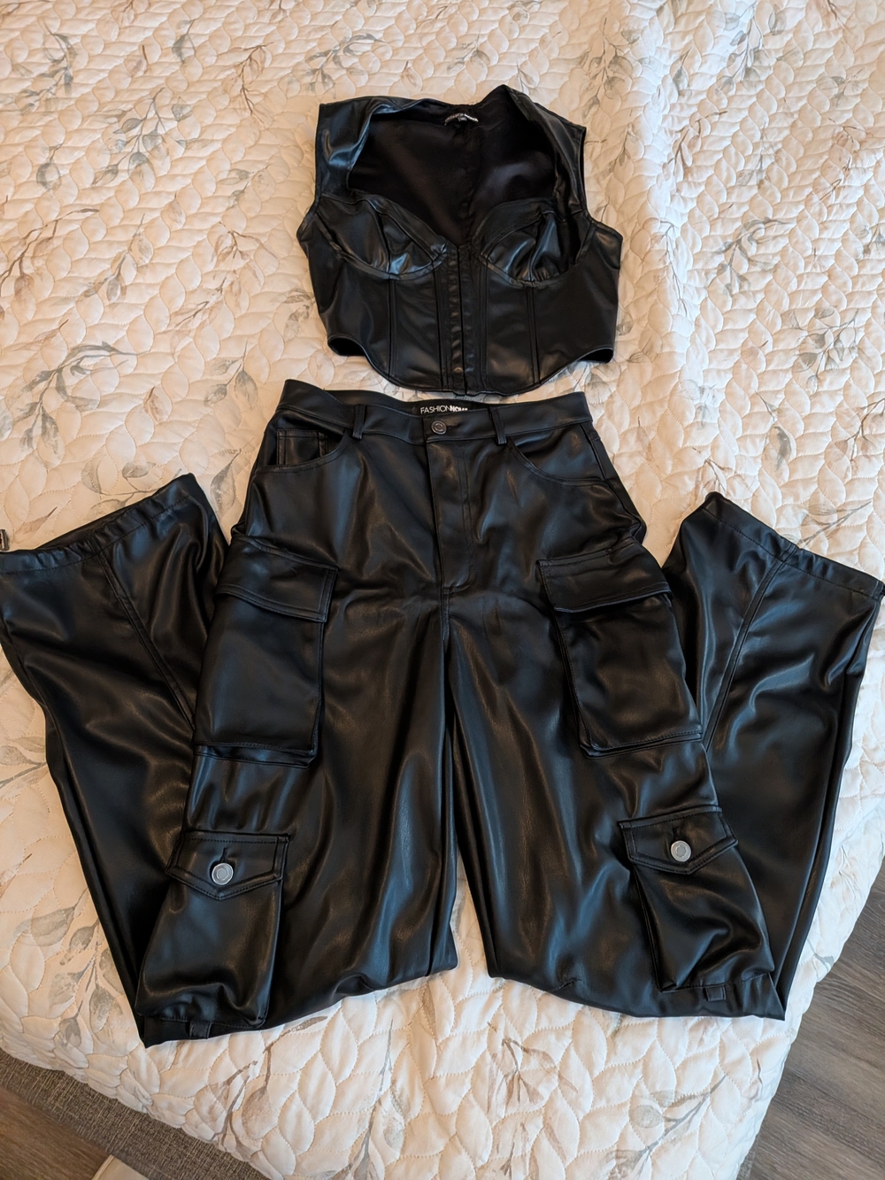 Black Faux Leather Cargo Pants And Coset Top for Women